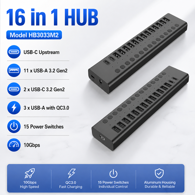 16-in-1 USB-C Hub, 11xUSB-A 10Gbps + 2xUSB-C 10Gbps + 3xQC3.0, 15 Switches, BC1.2/Apple 2.4A, DC 12-20V