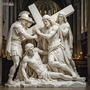 Estatua famosa Católica Cristiana piedra grande tallada tercera estación Jesús Primera vez cae mármol blanco Jesús 14 estación escultura - Product Image 1