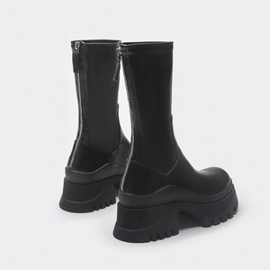 Botas De Platform Thick Sole Chunky Heel Black Leather Women's Midi <b>Boots</b> - Product Image 2