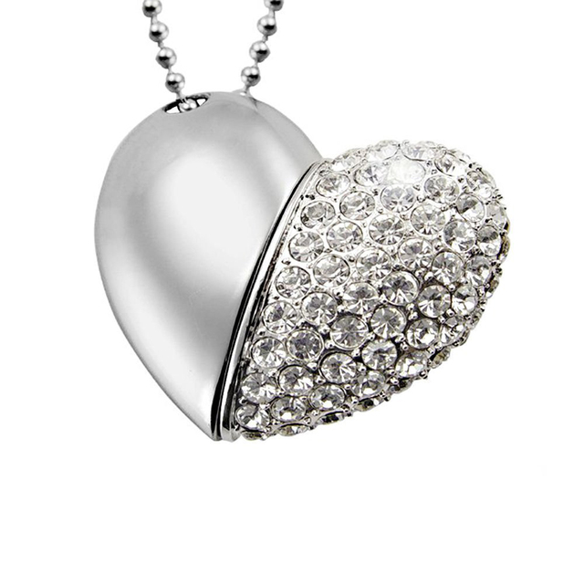 Jewelry Heart Shape USB 2.0 Flash Drive silver metal and crystal heart Pen Drive Diamond Necklace Memory Stick