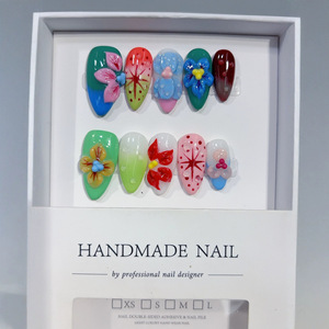 <span class=keywords><strong>Uñas</strong></span> de Almendra Azul Rey Hechas a Mano, 10 Piezas, Lazo 3D, Flor Verde, Punto Rojo, Bloques de Color, Set de <span class=keywords><strong>Uñas</strong></span> Postizas con Arte en Relieve - Product Image 4