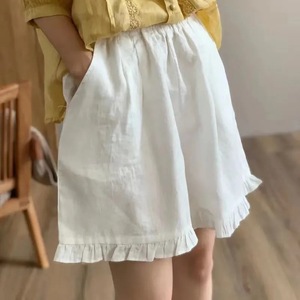 Cotton Linen Shorts Women Green <b>Elastic</b> Waist Wide Leg Ruffled Edge Casual Summer Pants QY518 - Product Image 4
