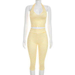 Viviblook D26ST277 Women <b>Sexy</b> Sleeveless Striped Print Halter Vest Crop Top High Waist Tight Fitting Cropped Pants 2 Pieces <b>Set</b> - Product Image 2