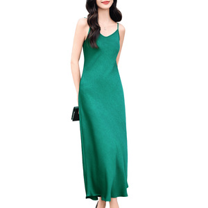Green <b>Spaghetti</b> <b>Strap</b> Slip Dress V-Neck Mid Length Solid Color Evening Dress For Women - Product Image 5