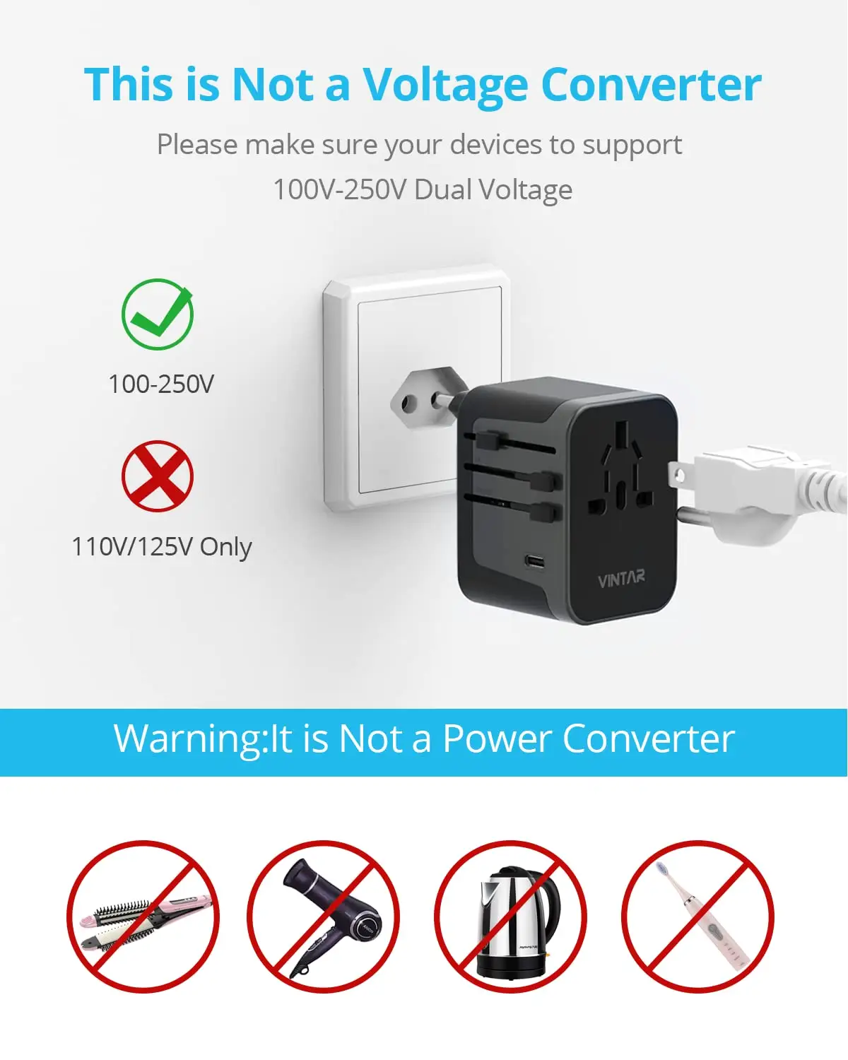 VINTAR World Travel Adapter International Universal Plug with 3 USB Ports and 2 Type C Multi Plug Travel Adapter