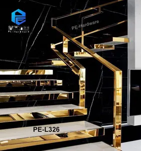 Moderno design deck aço inoxidável dourado guardrail varanda retângulo tubo corrimão edifício comercial escada trilhos design