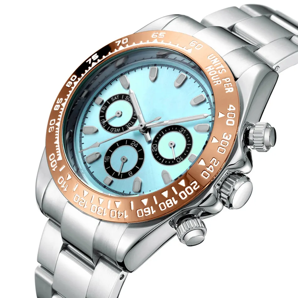 Automatic Watches Mechanical Gold Stainless Steel Glacier Ice Blue Dial Chestnut Brown Bezel Luminous Men Watch