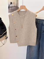 Gilet en tricot respirant beige pour femme, pièce décontractée d'été à superposer, col rond sans manches avec accents de boutons dorés