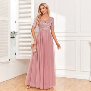 Robe de soirée élégante en tulle éco-responsable pour femmes, nouvelle robe à manches courtes, col en V avec décoration en dentelle - Product Image 6