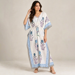 White Printed <b>Bohemian</b> Kaftan for Women Blue Geometric Trim Purple Floral Motifs V Neck <b>Maxi</b> <b>Dress</b> 100% Cotton Breathable - Product Image 1