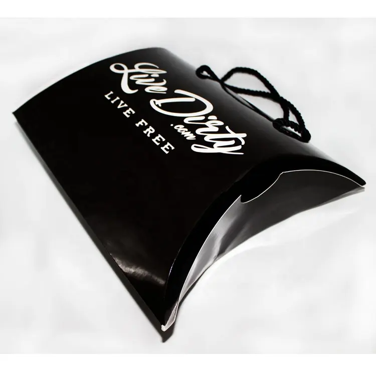 Camiseta de logotipo personalizada, embalagem preta brilhante caixa de travesseiro com alça