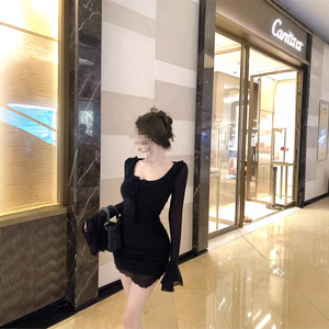 Black Ruffled Round Neck Sheath Dress Slim Fit Mesh Mini Skirt Waist Cinching Hip Hugging Pure Alluring Style - Product Image 1