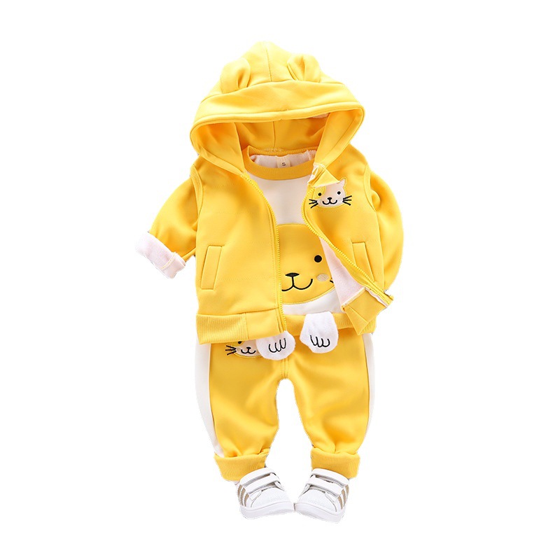 Wholesale baby suit winter new baby hooded zipper sweater plus fleece thick hoodie plaid vest pants 3pcs sets