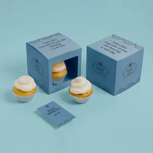 Boîte de papier de carte blanche personnalisée boîtes à cupcakes bleues biodégradables avec fenêtre emballant un gâteau