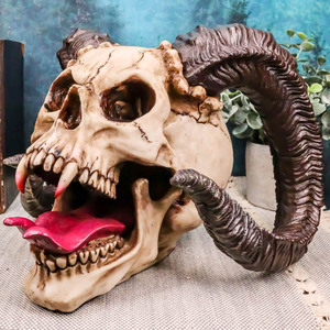 Sculpture de squelette de démon en corne avec langue en résine <span class=keywords><strong>Dragon</strong></span> mal ram statue de crâne pour la décoration intérieure, vente en gros - Product Image 6