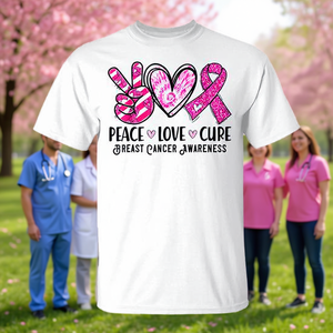 T-shirt de sensibilisation au cancer du sein avec ruban rose Peace Love Cure - Product Image 3