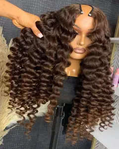 Wig bagian U Wig rambut manusia berwarna cokelat keriting air Wig depan renda Hd transparan gelombang dalam longgar untuk wanita