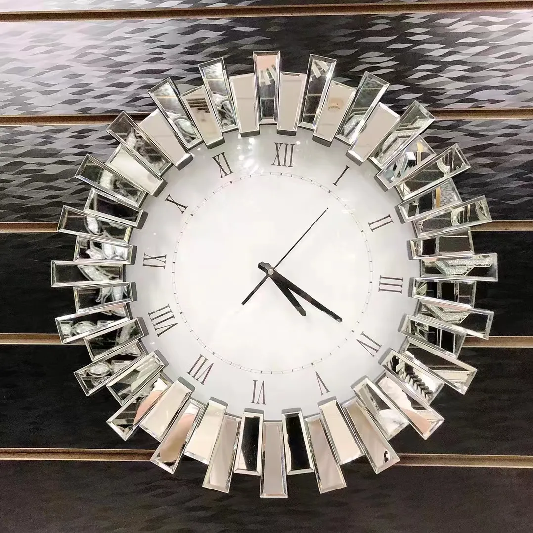 المنزل مصدر 22 "الفضة معدن الفن جولة أو مربع الزخرفية المنزل مكتب الإبداعية تصميم جدار مرآة معلقة ساعة