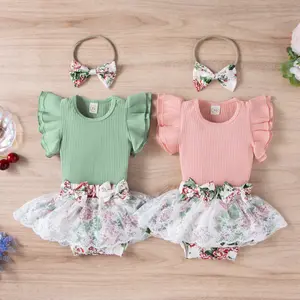 Set Pakaian Anak Perempuan, Baju Monyet Lengan Terbang Balita Kembar, Celana Pendek Jaring Motif Bunga, Pakaian Anak Perempuan