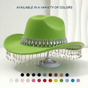 Sombrero vaquero de fieltro para mujer con borla grande de gemas redondas y diamantes de imitación, ideal para fiestas nupciales - Product Image 2