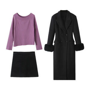 Ensemble de manteau pour femmes grandes tailles Happy Plus, en laine, couleur unie, manches longues avec poignets en fourrure, jupe en velours noir et haut en tricot - Product Image 2