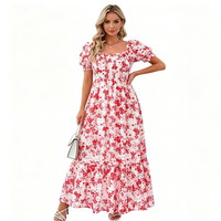 Robe longue trapèze florale populaire pour femme, col carré, taille smockée, manches bouffantes, volants, style décontracté et élégant, idéale pour la plage et les rendez-vous, OEM