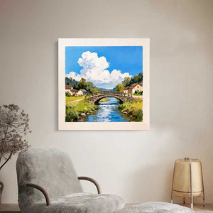 Landscape <b>Painting</b> Rural Scene With Bridge And River Farmhouse Style Metal <b>Frame</b> Hand Painted Art <b>For</b> Living Room Wall Decor - Product Image 4