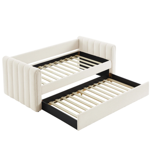 <span class=keywords><strong>Lit</strong></span> d'appoint double avec <span class=keywords><strong>lit</strong></span> <span class=keywords><strong>gigogne</strong></span>, silhouette épurée, tissu bouclé capitonné, pour chambre d'hôtes - Product Image 3