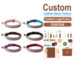 Custom Luxury Leather Cat <b>Collars</b> with Jeweled Rhinestones and Bells Buckle Closure All Seasons Solid Color Pet Accessories - Product Image 1