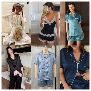 Conjunto de Pijama de Satén de 2 Piezas para Mujer, Estilo Veraniego, Diseño Moderno, Manga Corta, Cuello Camisero, Cierre de Botones, Ropa de Dormir Romántica - Product Image 3