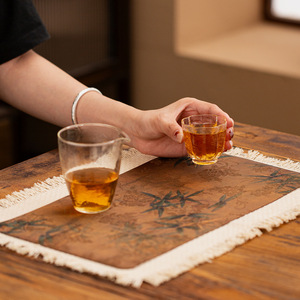 Tapete de té de brocado de lino y algodón con borde de borlas, 30x45cm, lavable, aislante del calor, para ceremonia del té - Product Image 4