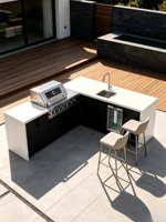 Cuisine extérieure modulaire en forme de L en acier inoxydable, barbecue compact à gaz 5 brûleurs écologique avec évier et réfrigérateur à boissons, îlot BBQ