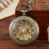 Montre de poche mécanique vintage en bronze doré, à remontage manuel, cadran squelette chiffres romains, avec chaîne de montre, pour homme, Dropshipping