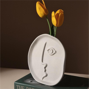 Decoración rústica nórdica, jarrón de cerámica de arcilla blanca con cara humana Retro, jarrón de cerámica minimalista - Product Image 4