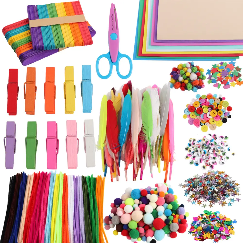 Educational children craft supply mini diy kids art craft kits pompoms pipe cleaners feathers wiggle googly eyes sequins buttons