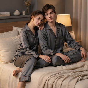 Pijamas <span class=keywords><strong>de</strong></span> Seda Satinada Personalizadas, Pijamas <span class=keywords><strong>de</strong></span> Lujo <span class=keywords><strong>de</strong></span> Manga Larga para Parejas - Product Image 3