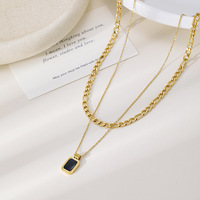 Collier à double couche en acier inoxydable plaqué or 18 carats, chaîne cubaine, pendentif carré en émail noir, collier superposé
