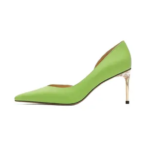 Top level green leather artistic pumps famous luxury brand shoes with forest breath comfortable feeling