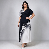 Gaun Kasual Wanita Bahan Woven, Model V-neck Wrap dengan Ikat Samping, Cetakan Bunga Asimetris Warna-Blok, Gaya Islam