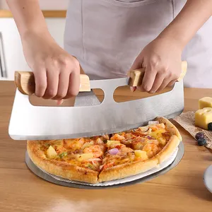 Manjia cortador de descascar de aço inoxidável, para pizza e pizza, espátula de transferência com cabo de madeira