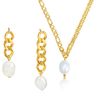 Wholesale Pearl Necklace And Earrings Stainless Steel Gold Plated Set Wedding Bridal Jewelry Set