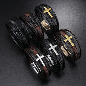 Hot Sale Cross Leather Bracelet Multi-Layer Handmade <b>Braided</b> Rope Magnet Buckle Genuine Leather Bracelet for Men - Product Image 1