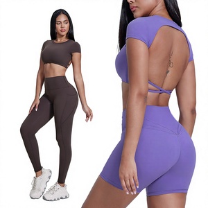Leggings taille haute unis pour femmes, vêtements de sport respirants et à séchage rapide, ensemble 2 pièces sans couture avant, shorts de fitness pour femmes - Product Image 6