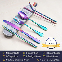 Ensemble de 7 pièces en acier inoxydable 304 plaqué titane, paille/couteau/fourchette/cuillère/baguettes, portable pour l'extérieur