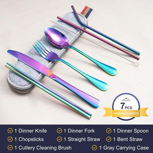 304 Stainless 7pc Titanium-Plated <b>Set</b>, Straw/Knife/Fork/Spoon/Chopsticks, Outdoor Portable - Product Image 2