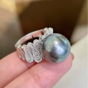 S925 Silver Wide Edition Ring with 13-14MM Natural Tahitian Pearl Round Strong Light with Minimal Flaws - Product Image 3