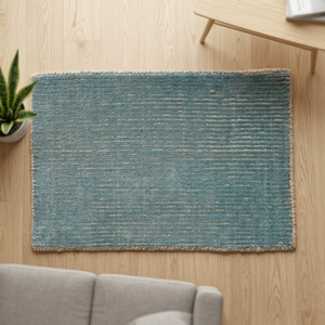 Tapis rectangulaire bleu uni en viscose tissé à la main avec envers en coton pour usage au sol, antidérapant, à poils moyens, pour la décoration intérieure - Product Image 3