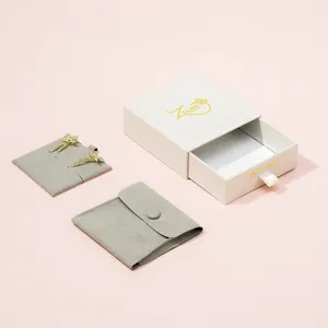Kotak perhiasan laci kertas Logo kustom desain baru kotak perhiasan putih ramah lingkungan dengan cincin dan kantong Gelang
