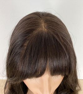 Perruque avec <span class=keywords><strong>frange</strong></span> pour femmes, <span class=keywords><strong>cheveux</strong></span> humains européens vierges, couleur marron foncé, dentelle frontale en soie HD naturelle, faux cuir chevelu, vente en gros - Product Image 5
