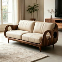 Canapé moderne 2 places pour salon avec structure en fibre de verre durable à effet bois, revêtement en cuir crème de qualité supérieure et design unique